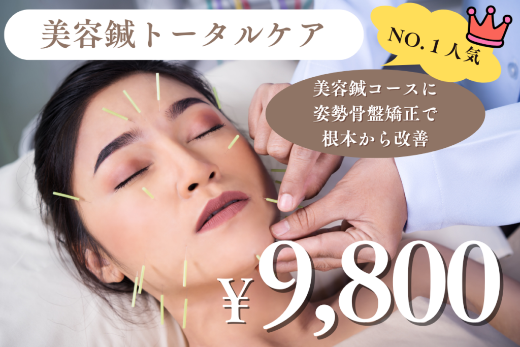 美容鍼トータルケアコース
美容鍼コース+姿勢骨盤矯正で根本から改善
9800円
ナンバー1人気