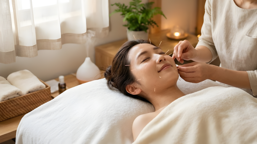 出雲市 美容鍼・鍼灸整体mahaRE;で美容鍼施術をしている写真