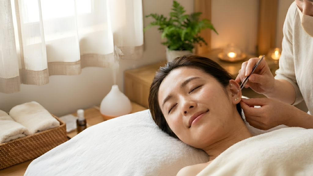 出雲市　美容鍼・鍼灸整体　mahaRE;まはり　耳つぼ施術を受ける様子